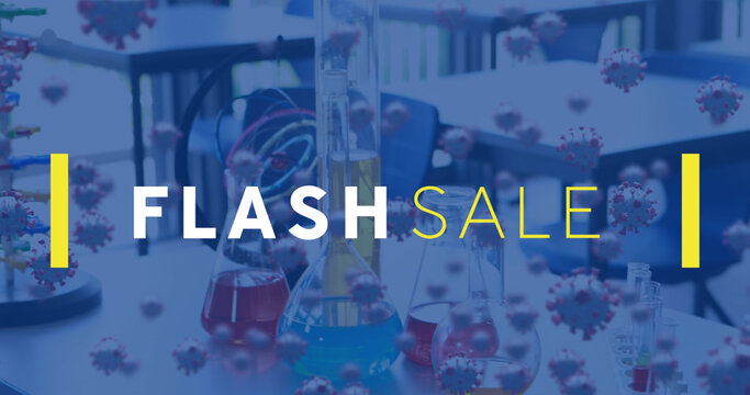 Image of flash sale text and virus cells over lab - Powered by Adobe