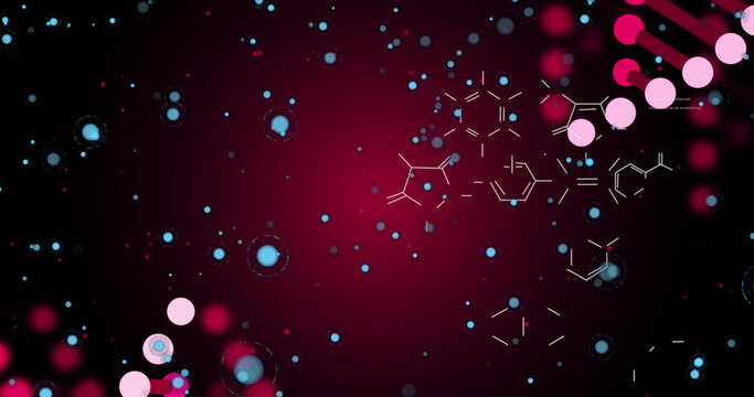 Image of pink 3d dna rotating with molecules and blue particles on digital interface