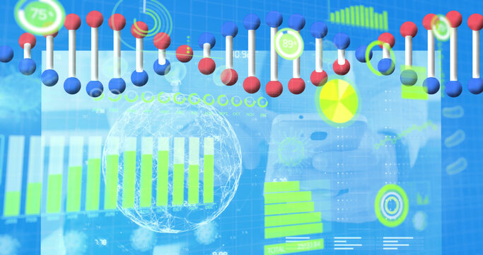 Image of 3d dna, virus with graphs, infographic data processing on digital interface
