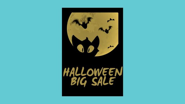 Halloween Big Sale with cat and bats in night, motion holidays, horror and Halloween style background