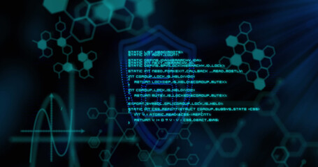 Image of blue dot padlock symbol, with information and data processing on black