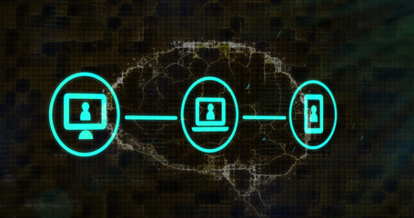 Image of connected digital communication media icons and rotating brain on black