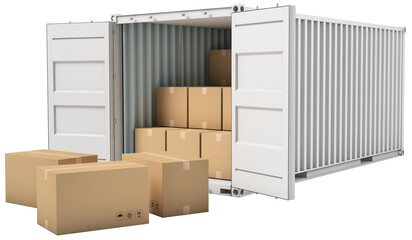 Open cargo container with cardboard boxes - obrazy, fototapety, plakaty