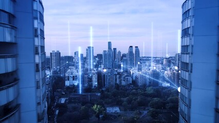 Aerial backwards flight between skyscraper and digital lines connecting city skyline of Buenos Aires - Futuristic Concept with Wireless Cloud Data Communication and Hologram Motion Graphic - Powered by Adobe