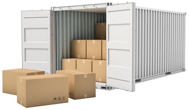 Open cargo container with cardboard boxes