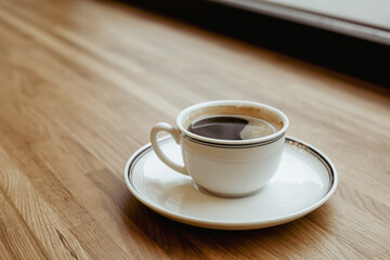 A white cup of black coffee on a wooden window-will