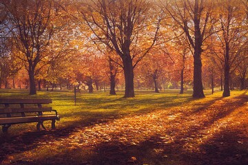 autumn park lone bench background