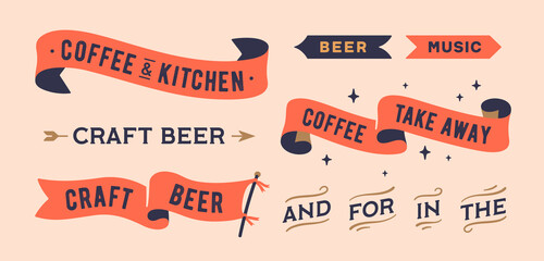 Set vintage graphic. Ribbon, flag, board with text Coffee, Kitchen, Take Away, Craft Beer. Isolated vintage old school set ribbon banner. Retro set vintage flag, ribbon, graphic. Vector Illustration