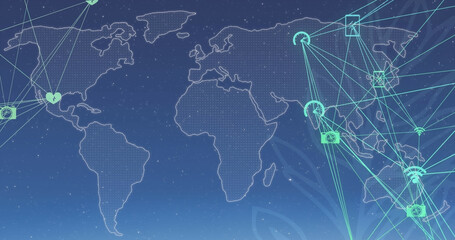 Image of globe with network of connections and data processing over blue background