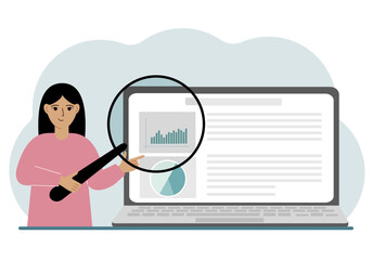 A woman shows a report, a presentation on a laptop with a magnifying glass vector illustration. Financial business analysis, audit, planning concept.