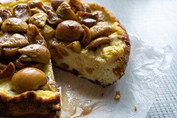 Cottage cheese casserole pie with raisins and caramelized pears on top.