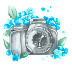 watercolot illustration of camera in flowers