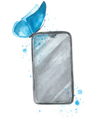 watercolot illustration of cmartphone with butterfly