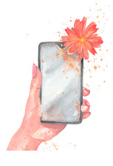 Watercoor illustration of telephone in the hand