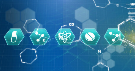 Image of medical icons and chemical formula with data processing over blue background