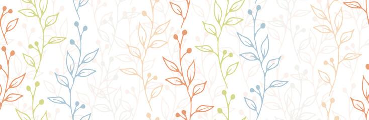 Berry bush sprigs hand drawn vector seamless ornament. Romantic herbal textile print. Greenery plants foliage and buds wallpaper. Berry bush sprouts growing endless ornament