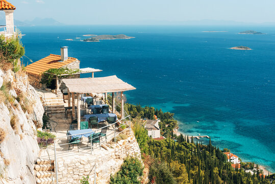 Franciscan monastery on a cliff, cafe with sea view in Orebic town. Peljesac peninsula, Croatia