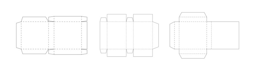 Package box template set. Dotted lines scheme of paper packaging, geometric model layout, black thin lines on white background.