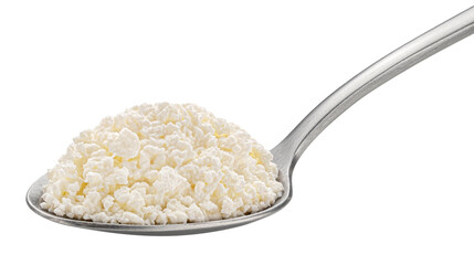 Cottage cheese in spoon isolated on white background