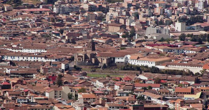 Coricancha temple aerial view Cityscape Cusco - 4k