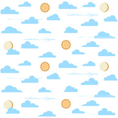 Seamless pattern with clouds, sun, moon and airplanes. Vector illustration.