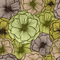 Poppy flower doodle  floral vector seamless pattern summer  fabric print design. Line texture petals
