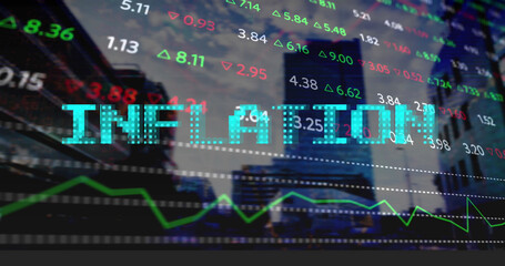 Image of data processing and inflation text over cityscape