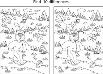 Doggie jogging early in the autumn morning. Difference game, or visual puzzle, else picture riddle. And coloring page, monochrome printable.
