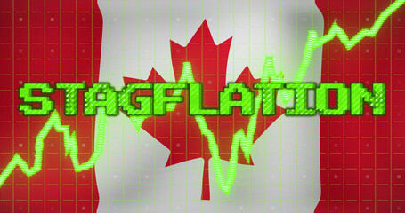 Obraz premium Image of data processing and stagflation text over flag of canada