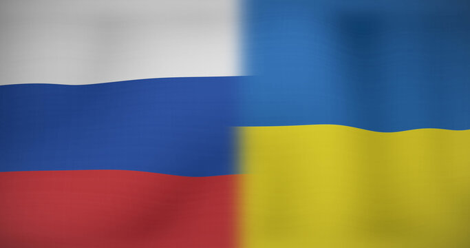 Image of inflation text over flags of russia and ukraine