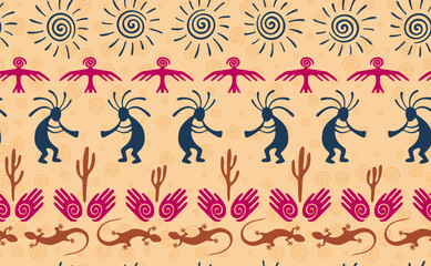 Kokopelli with flute, pangolin, hawk, sun symbol, hands and plant tribal vector seamless pattern.