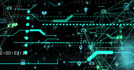 Image of data processing and icons on black background