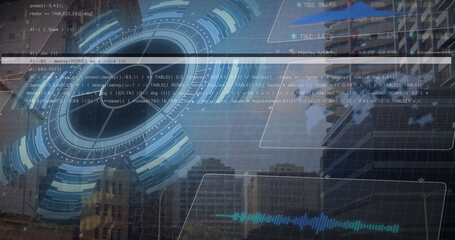 Image of data processing over cityscape