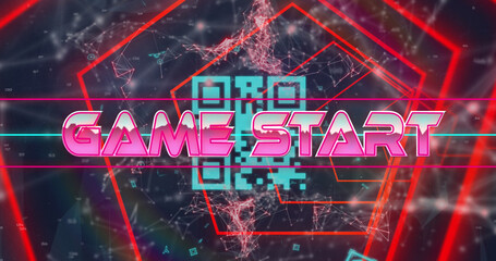 Image of game start text banner over hexagonal tunnel in seamless pattern on black background