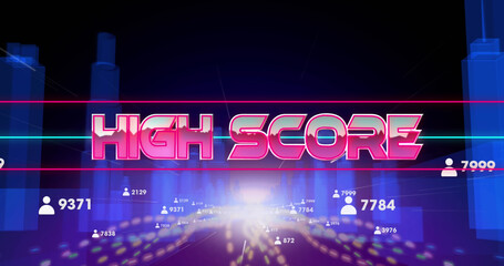 Image of high score text banner and profile icons over light trails against 3d city model