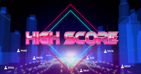 Image of high score text banner and profile icons over light trails against 3d city model