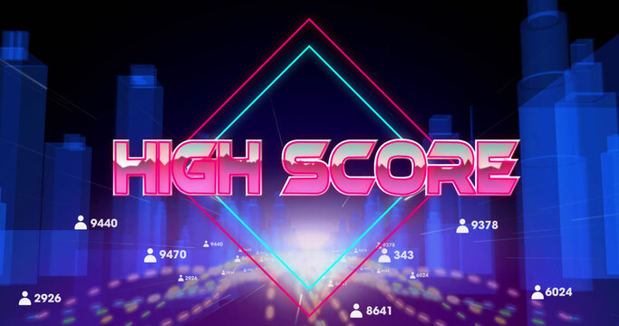 Image of high score text banner and profile icons over light trails against 3d city model