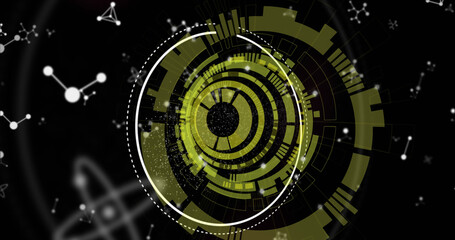 Image of round scanner spinning over molecular structures floating against black background
