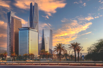 Sunset over large buildings equipped with the latest technology, King Abdullah Financial District,...