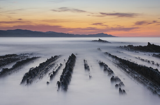 The Sea with flysch rocks at Itzurun beach, Zumaia