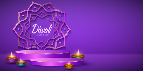 Naklejka premium Festive 3d scene with traditional Diya lamps for Diwali festival of light. Podium for display your brands. Paper cut style Indian mandala on the background. Vector illustration for holiday