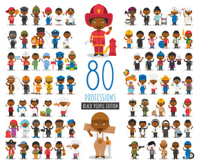 Kids Vector Characters Collection: Set of 80 different professions in cartoon style. Black or African American characters. - 530548952