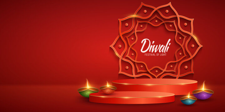Luxurious 3d scene with colorful Diya lamps for Diwali festival of light. Podium for display your brands. Paper cut style Indian mandala on the background. Vector illustration for holiday
