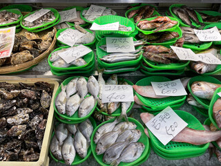 魚屋の獲れたて鮮魚の販売コーナー