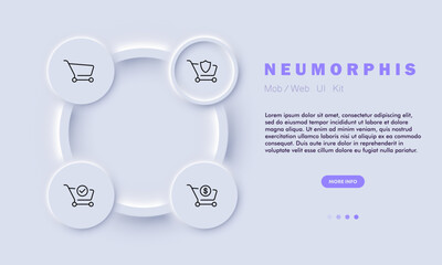 Shopping cart set icon. Safe delivery, verified site, checkmark, item added to cart, order, contactless payment, dollar money, online store. Neomorphism style. Vector line icon for Business