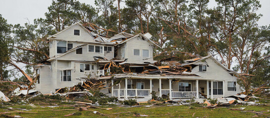 Storm damaged house, tornado, natural disaster, 3d render