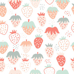 Sweet berry strawberry for colorful print in minimal style. Cute seamless pattern with cute hand drawn summer berries. Vector illustration fruit for cookout, kitchen, kids party.