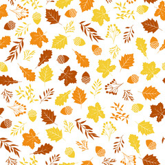 Seamless autumn pattern with leaves, acorns and twigs.