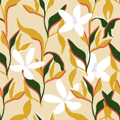 Vector abstract floral seamless pattern. Trendy exotic jungle contemporary tropical leaves and flowers background. Hawaiian plant surface.