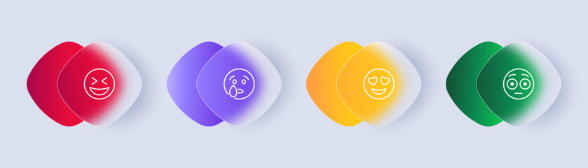 Emoticon set icon. Sadness, crying, love, laughter, surprise, tongue, heart, astonishment, distempered emotion, feeling, emoji. Mood concept. Glassmorphism style. Vector line icon for Business